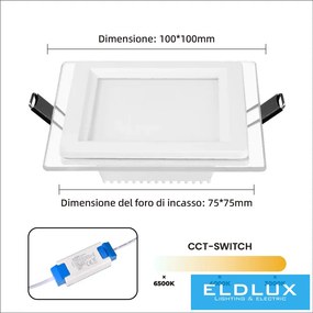UNIVERSO Négyzet alakú süllyesztett LED panel 6w 500lm CCT/kap. 120° IP20 Fehér 100x100mm kivágás:75x75mm