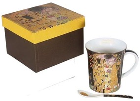 Klimt bögre porcelán kanállal díszcsomagolásban A Csók 350 ml fekete háttérrel