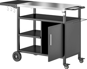 Outsunny Kültéri BBQ Kocsi Rozsdamentes Acél Felülettel, Összecsukható Polccal, Kampókkal, Takaróval, Kültéri Görgős Kocsi, 127x51x84cm, Fekete | Aoso