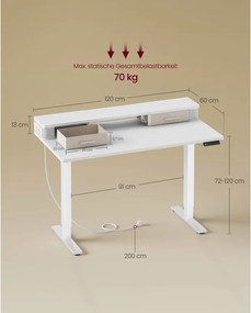 VASAGLE elektromos állítható íróasztal, 120x60 cm, memória funkció, fehér