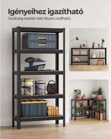 Nagy teherbírású tárolópolc, 5 állítható polccal, 650 kg teherbírás, 75 x 30 x 150 cm, rusztikus barna/fekete