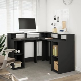 fekete szerelt fa íróasztal LED-világítással 130 x 130 x 91 cm
