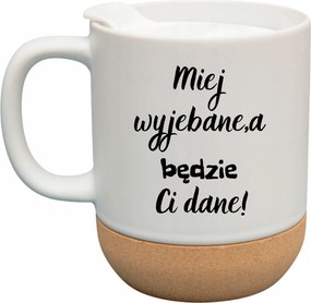 Fehér Bögre Fedéllel És Parafa Aljjal Ajándékba