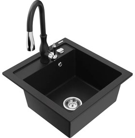Mexen Vito, 1 kamrás gránit mosogató 520x490x210 mm és Savita mosogató csaptelep, fekete, 6503-77-672601-70