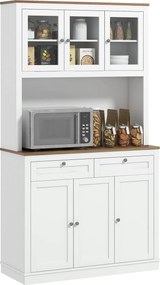 HOMCOM Konyhai Kamra Segéd Konyhaszekrény Konyhai Buffet 3 Üvegajtóval, Nyitott Rekesszel, 2 Fiókkal és Állítható Polcokkal 100x40x180 cm Fehér | Aoso
