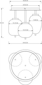 Globo 15345-3DMM Mennyezeti lámpa fém matt füstszínű üveg, 3 eltérő alakú üveg, ø: 460mm, H: 360mm, fényforrás nélkül szállítva 3x E14 40W 230V