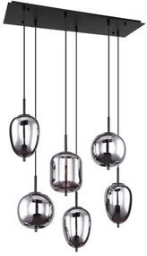 Globo 15345-6 Függeszték matt fekete fém , füstszínű eltérő üveg, magassága lerövidíthető, HxSzxM: 800x340x1200mm, üveg átmérő: 2 x 15,8 cm, 2 x 16,5 cm, 2 x 18,5 cm, nem 6x E14 40W, fényforrás nélkül szállítva szállítva, 230V