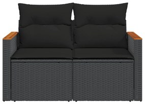 2 személyes fekete polyrattan kerti kanapé párnával