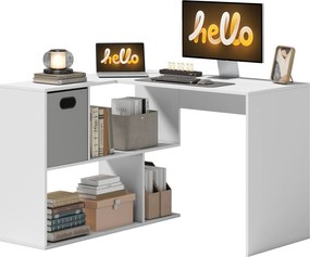 HOMCOM L-alakú sarokíróasztal, 110 x 100 x 75 cm — számítógépasztal textildobozzal és nyitott polcokkal, fehér | Aosom