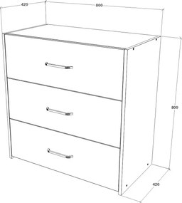 Malmo 3 fiókos komód, Fehér tölgy / Antracit, 80 x 42 x 80 cm