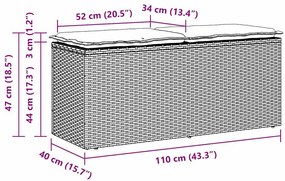 barna polyrattan kerti pad párnával 110x40x44 cm