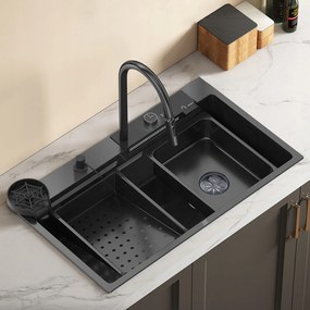 75x46-os acél mosogató LED-es vízesés csapteleppel, 2 gombos Grafit