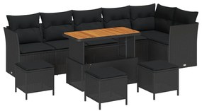 10 darabos kert kanapé szett párnákkal fekete poli rattan akáciával, 4 darabos kert étkező szett párnákkal fekete poli rattan akáciával