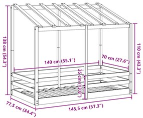 tömör fenyőfa gyerekágy tetővel 70 x 140 cm