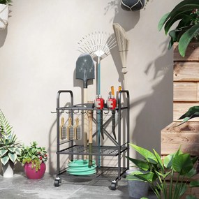 Outsunny Kerti Eszköz Szervező 9 Horoggal, 40 Rekeszes Kerti Eszköztartó, Fém Garázs Eszköztartó Kerekeken Késélezők, Lapátok, Gereblyék számára, Feke