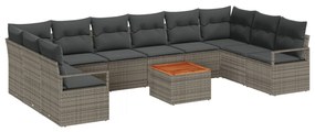 11 darabos kerti kanapé szett párnákkal szürke polyrattan akácia, 2-fős kerti kanapé tárolóval és párnákkal szürke polyrattan