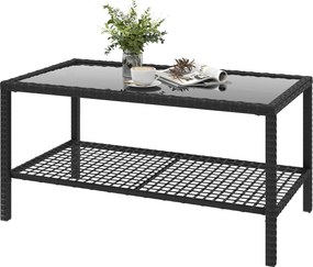 Outsunny rattan kerti oldalasztal polccal, edzett üveg tetejű és acélvázzal — 92 x 50 x 45 cm, fekete | Aosom