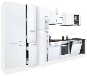 Yorki 370 konyhabútor fehér korpusz,selyemfényű fehér front alsó sütős elemmel polcos szekrénnyel és felülfagyasztós hűtős szekrénnyel