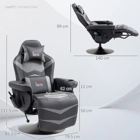 HOMCOM Gamer szék, masszázs funkció, dönthető háttámla, lábtartó, 120 kg-ig, acél keret, műbőr, szürke