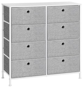 Komód, tárolóegység 8 könnyen kihúzható textilfiókkal, világosszürke és fehér színben