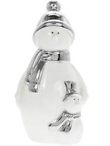 Fehér porcelán hóember kishóemberrel, ezüst színű sapkában, sállal 9x17cm