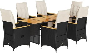 vidaXL 7 részes fekete polyrattan kerti bisztrógarnitúra párnákkal