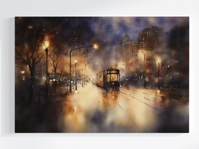 Vászonkép Canvas Villamos Város Fények Éjszaka Lámpák Akvarell 60x40