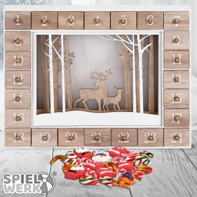 Téli erdő fa adventi naptár világítással, 35x6x27cm, fehér/barna Spielwerk