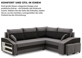 Grande sarokkanapé polcokkal és puffokkal , polc a bal karfaban puffok a jobb karfaban, jobboldali, szövet anyag, bonell töltet, szürke - fekete