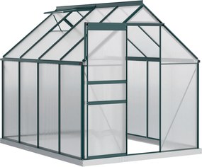 Outsunny Polikarbonát Kerti Üvegház 190x253x199cm, Nyitható Ablakkal és Csúszó Ajtóval, Alumínium Vázszerkezettel, Zöld | Aosom