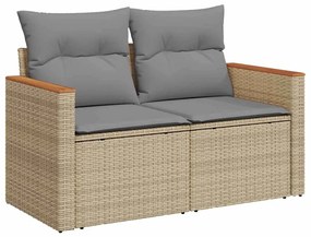 5 részes bézs polyrattan és akácfa kerti ülőgarnitúra párnákkal