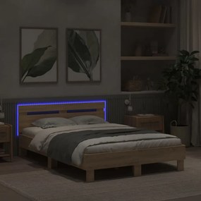 sonoma tölgy színű ágykeret fejtámlával és LED-del 135x190 cm