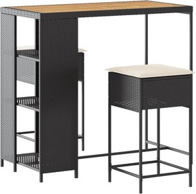 vidaXL 3 részes fekete polyrattan kerti bárszett párnával