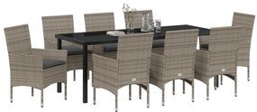 9 Fős Kerti Étkezőgarnitúra Párnákkal Szürke Poli Rattan, Kerti Asztal Fekete 200x80x73 cm Edzett Üveg