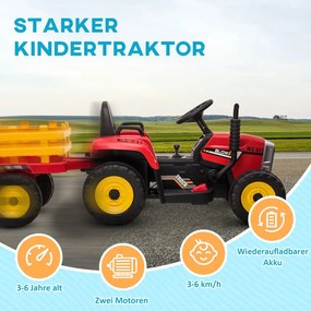 HOMCOM Elektromos gyerekautó, gyerek traktor, szülői távirányítóval, max. 6 km/h sebesség; piros-fekete