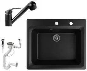 Gránit mosogató NERO Italia + kihúzható Shower csaptelep + dugóemelő (matt fekete)
