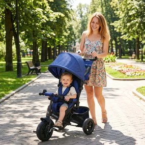 HOMCOM Gyermek Tricikli, gyermek bicikli, hátsó kosár, pohártartó, napellenző, fém, királykék