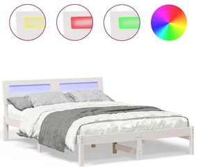 Ágykeret LED -es lámpákkal Fehér 140 x 190 cm Tömör fenyőfa