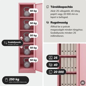 Keskeny fém irodai iratszekrény, púderrózsaszín, 450x1850x400 mm: ALEX Fresh Style