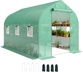 Outsunny 6 m² alagút fóliaház polcokkal, 198 x 293 x 194 cm — horganyzott váz, feltekerhető ajtó, 6 hálós ablak, 140 g/m² PE borítás — zöld | Aosom