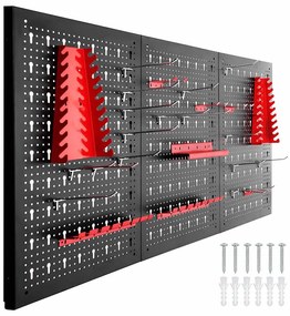 Fém, fali szerszámtartó panel kampókkal és tárolókkal