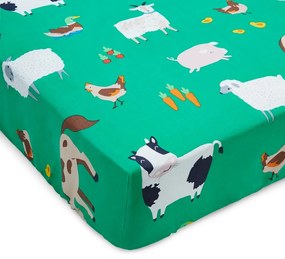 Zöld gumis egyszemélyes gyerek lepedő 90x190 cm Farmyard Animals – Catherine Lansfield