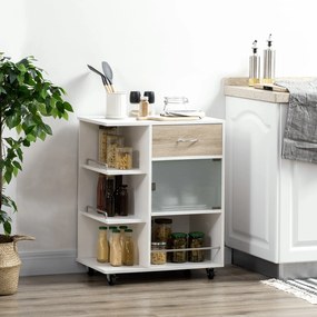 HOMCOM Konyhai Kerekes Szolgáltató Kocsi, 360°-ban Forgó Kerekek, Polcok Barikáddal, Középkonyhai Sziget, Fiókkal, Polcokkal, Szekrénnyel, 65 x 39 x 8