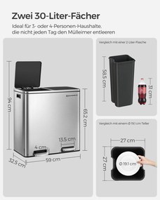 Szelektív szemeteskuka 2x30L, ezüst