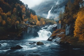 Vászonkép Canvas Tájkép Ősz Erdő Hegyek Sziklák Vízesés Folyó 120x80