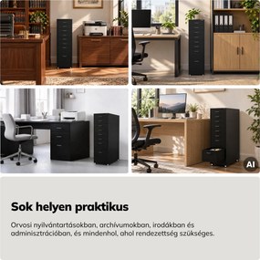 Kartotékszekrény görgőkkel, fém, 8 fiókos, dokumentumokhoz, fekete, 300x1100x600 mm: SARA V8