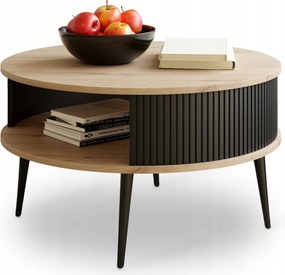 Nappali Asztal Kerek Lamellás Tölgy Artisan Fekete Lábak Modern 76 cm