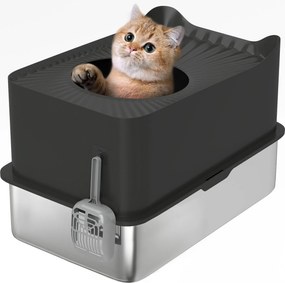 PawHut XXL Rozsdamentes Acél Macskaalom Tálca, 65L Nagy Kapacitású, Macska WC Ház, Készlettel és Csúszásgátló Lábakkal, Könnyen Tisztítható, 60 x 40 x