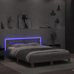 szürke sonoma színű ágykeret fejtámlával és LED-del 150x200 cm