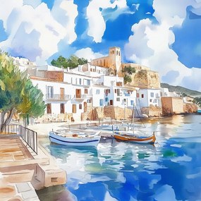 Vászonkép Canvas Spanyolország Ibiza Város Kikötő Hajók Tenger 40x40